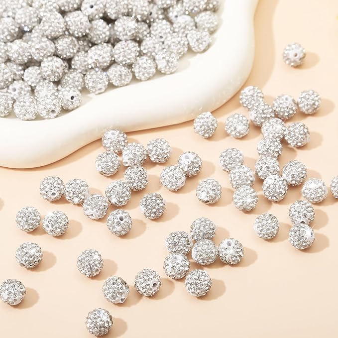 100 Pcs 10mm Rhinestone Beads for Jewelry Making, White Shiny Round Shamballa Disco Baseball Necklace Beads Sparkle Crystal Clay Pave Rhinestones Bead for DIY Bracelet Earring Craft Making Supplies