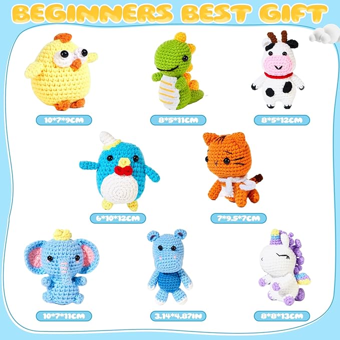 8Pcs Crochet Kit for Beginners, 2026 DIY Craft for Adults and Kids, Great Birthday Gift for Crochet Lovers, Crocheting Animal Kits with Step by Step Videos,Yarn,Crochet Hook