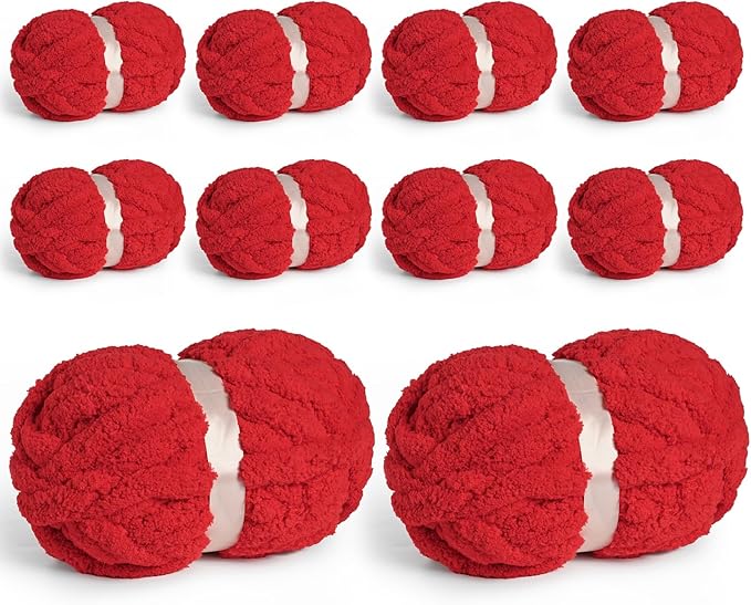 10 Pack Jumbo Chenille Yarn for Crocheting, #10 Super Bulky Baby Soft Yarn for Hand Knitting, 220 yds /70.5 oz Fluffy Chunky Knit Throw Blanket Yarn (Red)