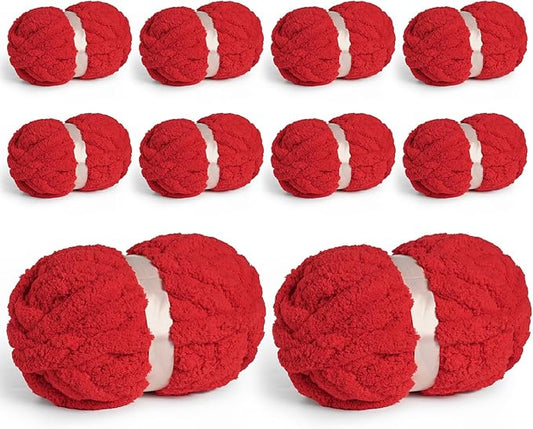 10 Pack Jumbo Chenille Yarn for Crocheting, #10 Super Bulky Baby Soft Yarn for Hand Knitting, 220 yds /70.5 oz Fluffy Chunky Knit Throw Blanket Yarn (Red)