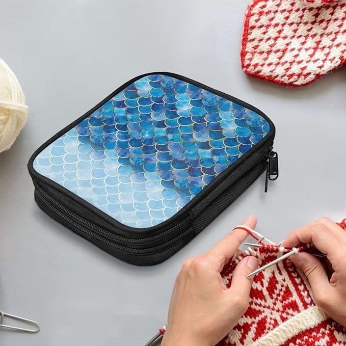 Hechitok Mermaid Scales Blue Crochet Hooks Case Zipper Bags Portable Crochet Storage Bag with Web Pocket and Crochet Holder Slots for Carrying Various Crochets Needles