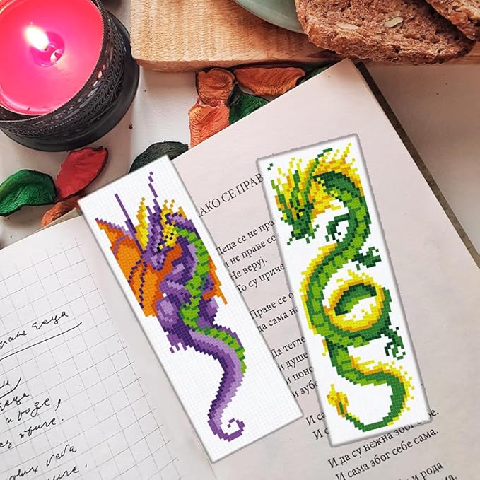 ORIGACH 6 Set Dragon and Loong Cross Stitch Bookmark Kit for Beginner with Backing Felt Floss Instructions DIY Stamped Embroidery Bookmark Kit for Adults, Book Lovers