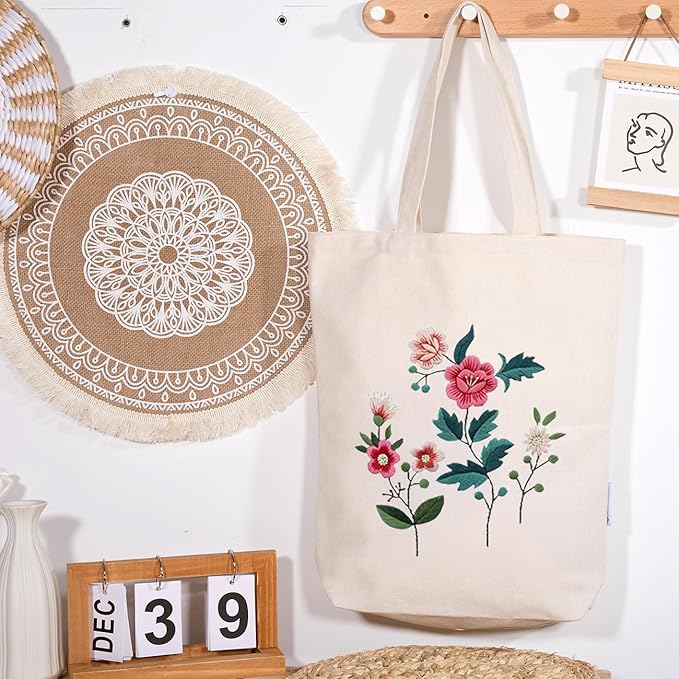 CREAWONDER Canvas Tote Bag Embroidery Kit with Pattern for Beginners, Arts and DIY Embroidery Crafts Kits for Adults, Include Instructions, Thimble, Embroidery Hoops, Color Threads and Tool