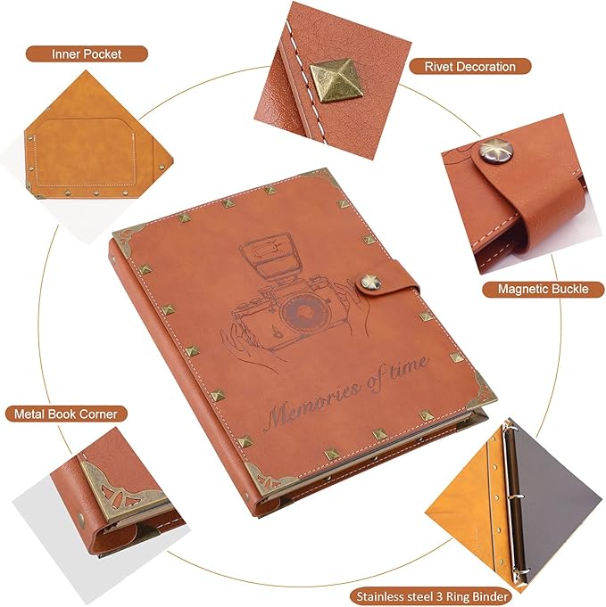 ZEEYUAN Leather Scrapbook DIY Photo Album 60 Pages Vintage Scrap Book Memory Photo Album 8.5x11 inch, Family Travelling Scrapbook Scrapbooking Kits for Couples Anniversary Birthday Gift