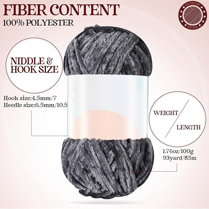 Woanger 20 Skeins Soft Chenille Yarn Velvet Blanket Yarn for Crocheting Hand Knitting Weaving DIY Craft, 10 Colors, 93 Yards Each (Bright Color)