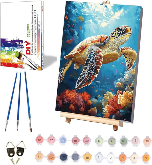 xackcme Turtle Paint by Numbers for Adults with Framed Canvas - with Wooden Easel, Sea Turtle Paint by Number on Canvas, DIY Acrylic Oil Painting Kits with Brushes for Home Wall Decor (8x12 inch)