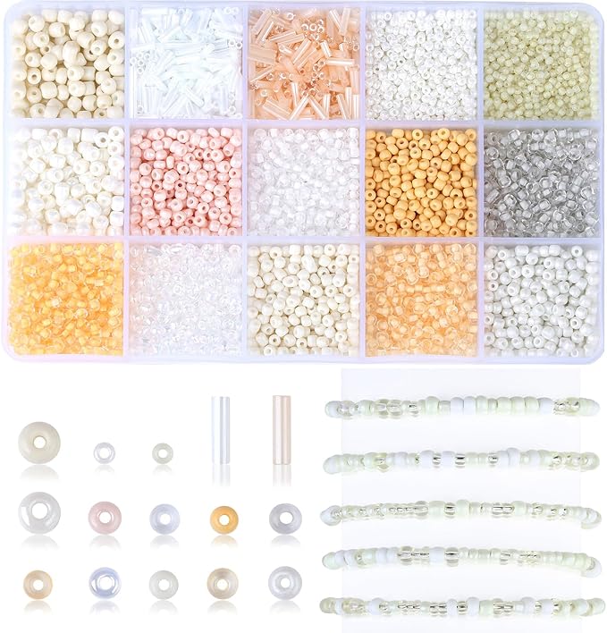 DUQGUHO 4mm Glass Seed Beads Kit Off-White Beads for Jewelry Making 15 Color 3mm 2mm Small Plastic Tube Bead for Bracelets Craft DIY