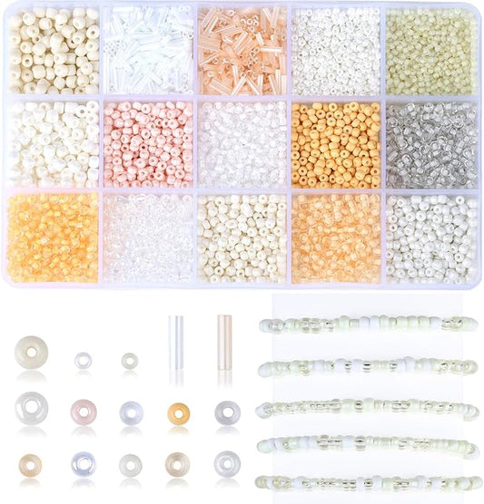 DUQGUHO 4mm Glass Seed Beads Kit Off-White Beads for Jewelry Making 15 Color 3mm 2mm Small Plastic Tube Bead for Bracelets Craft DIY