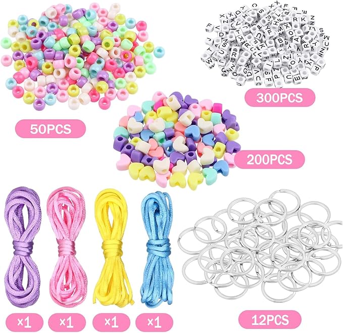 JINJUMEI 566Pcs DIY Beaded Name Tag Keychains Making Kit, Key Chain Making Craft Adjustable Letter Beads String, Beading Craft Supplies for Party Favors (Keyrings)
