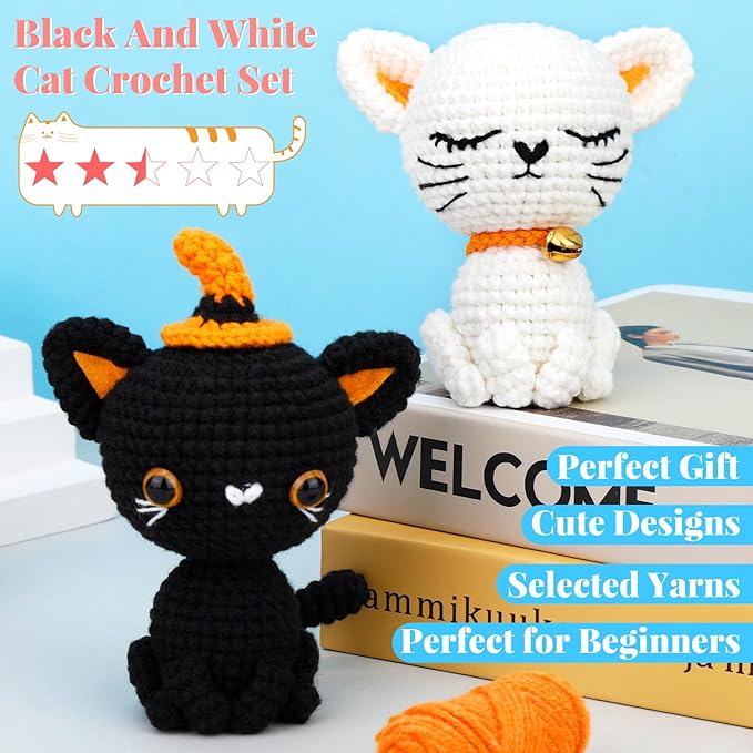 Pnytty Crochet Kit for Beginners, Crochet Animal Kit, 2PCS Cat Starters Crochet Kits Knitting Kit with Yarn, Crochet Hooks, Video Tutorials, Easy Crocheting for Adults Craft