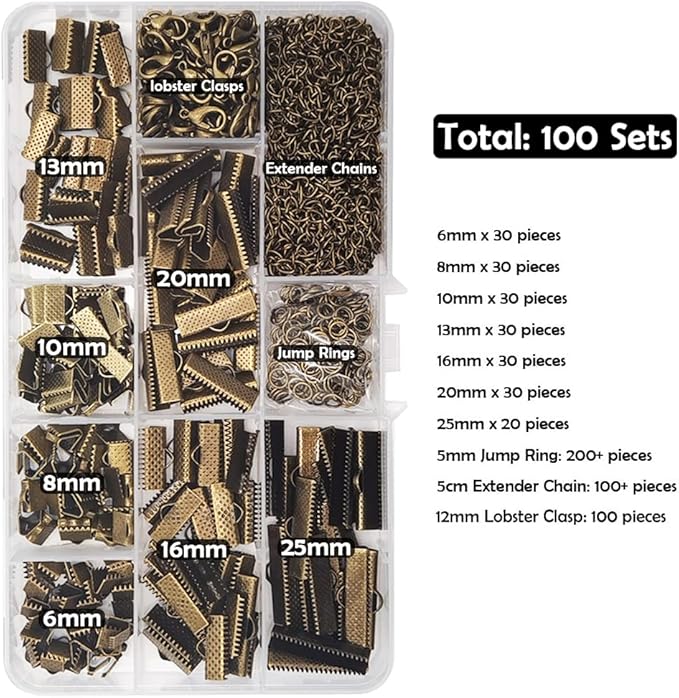 INSPIRELLE 100 Sets Assorted Size Bronze Ends for Ribbon Bracelet Bookmark Making Crimps Kit with Lobster Clasps and Chain Extenders