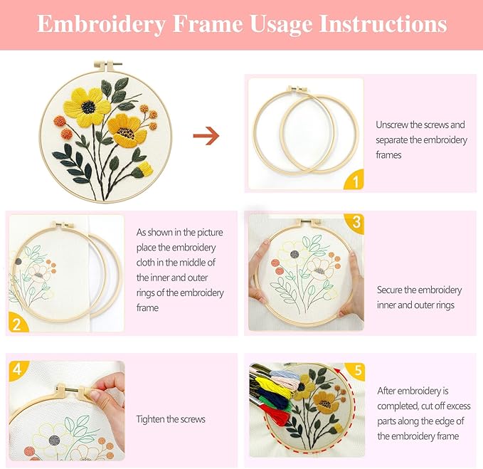 Zhenqing 3-Pack Floral Embroidery Kit for Beginners with Printed Patterns - Complete Embroidery Set with Hoop, Threads, Cotton Fabric & Tools for Home Decor (C0153)