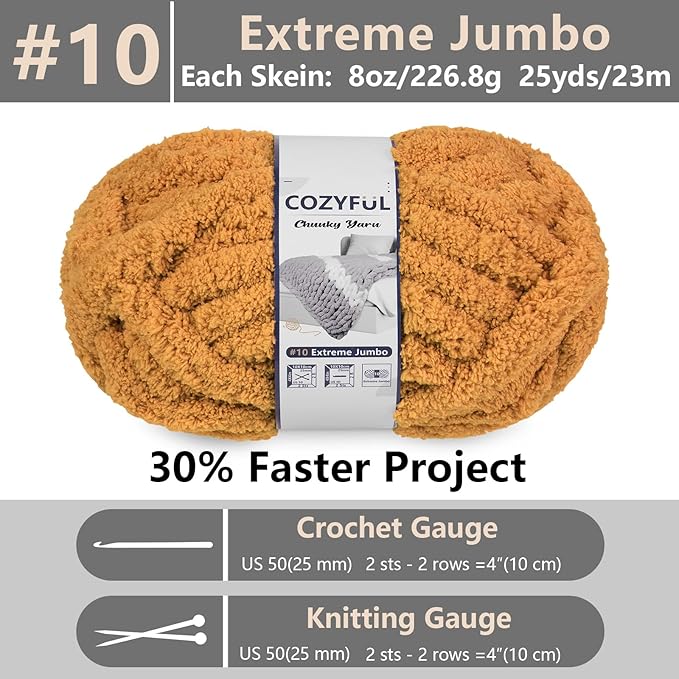 Chunky Yarn for Hand Knitting - #10 Chunky Chenille Yarn, Jumbo Big Thick Chunky Yarns for Crocheting, Super Bulky Chunky Knit Blanket Yarns, 8 Skein (25 yds 8 oz Each Skein), Mustard Yellow