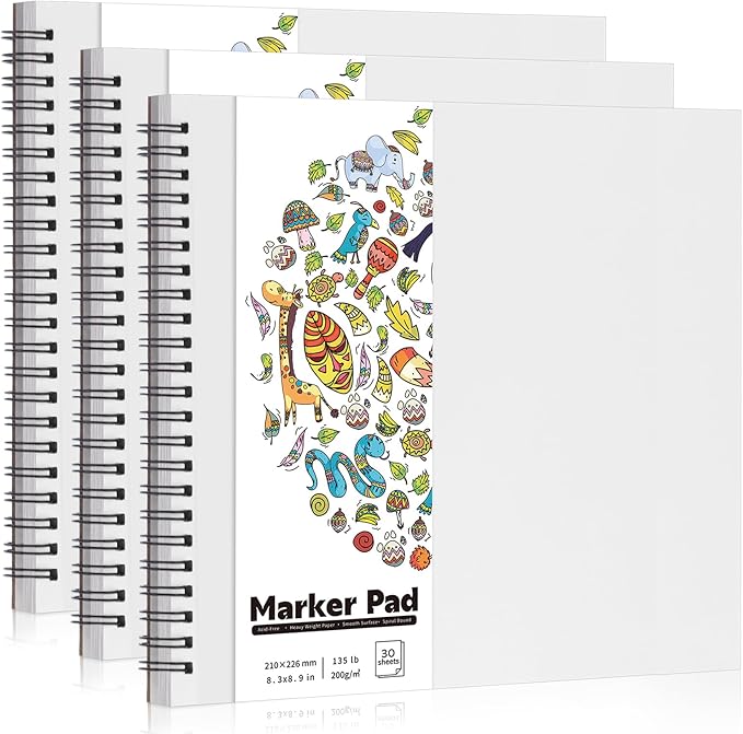 3 Pack Marker Paper Pad, 8.3×8.9in Double Sided Bleedproof Sketch Pad, 135lb/200gsm Art Spiral Sketchbook, Smooth Painting Coloring Alcohol Marker Paper for DIY, Ideal Gifts