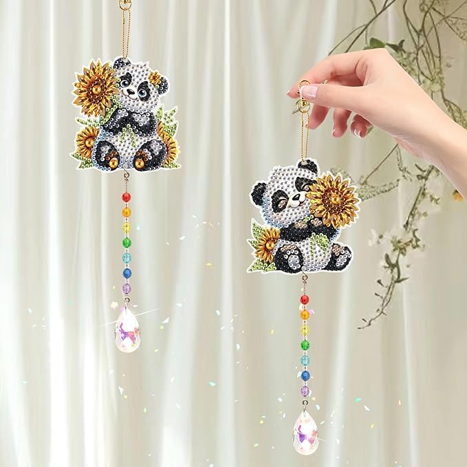 LazyFold 2 Pcs Diamond Painting Wind Chime Kits,Panda and Flower DIY Diamond Art Painting Wind Chime Kits Crystal Art Suncatchers for Adults Home Garden Window Craft Gift