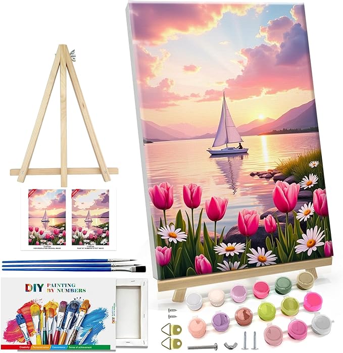 ATDMS Paint by Numbers Kit for Adults Flowers Paint by Number with Frame Sailboat Paint by Number with Easel Sunset Adults Paint by Number Kits Framed Canvas for Gift Home Wall Decor 8x12 Inch