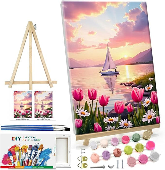 ATDMS Paint by Numbers Kit for Adults Flowers Paint by Number with Frame Sailboat Paint by Number with Easel Sunset Adults Paint by Number Kits Framed Canvas for Gift Home Wall Decor 8x12 Inch