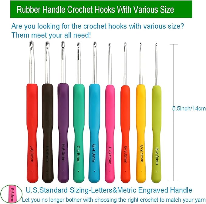 Looen Crochet Hooks Set-Yarn Needles Coloured Aluminum with Storage Case Rubbery Handle Ergonomic Comfort Grip DIY Craft Handmake Kit 47pcs
