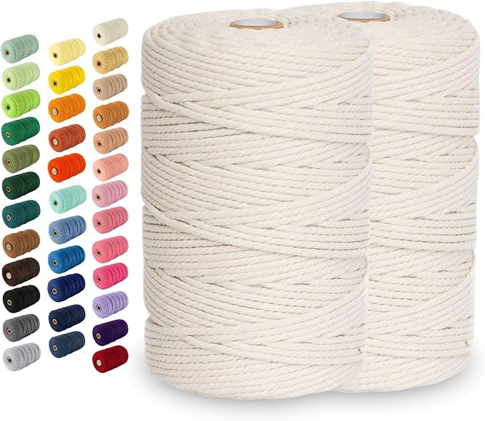 2 Pack Macrame Cord - 3mm 220 Yards Cotton Rope, 4mm 5mm Yarn, String for Crafts, Perfect for Macrame Wall Hanging and Boho Decorations (Cream)