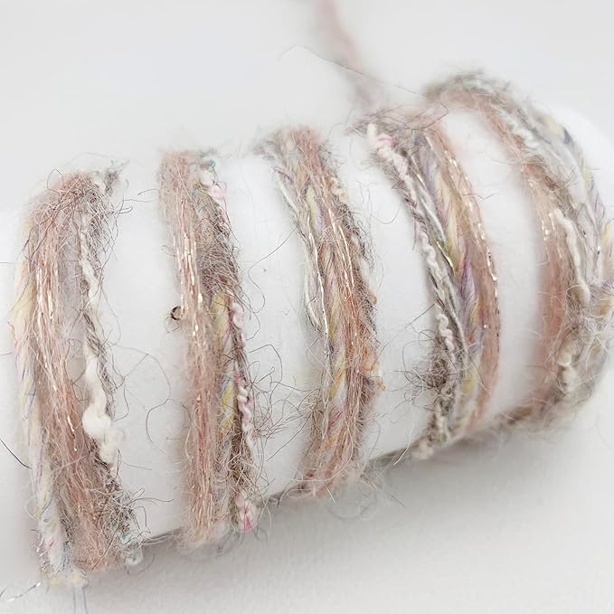 Artisanal Yarn Collection Multifiber Multicolored Fancy Yarn with Subtle Shimmering Threads for Knitting Crocheting Crafts DIY, Set of 3 Rolls (Gray Pink)