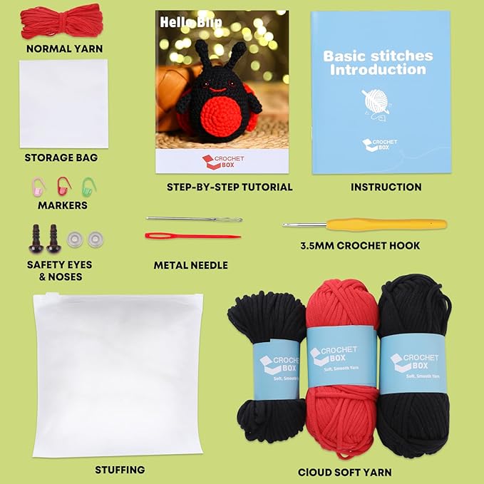 CrochetBox Crochet Kit for Beginner, Ladybug Easy Learn How to Crochet Stuffed Animals Amigurumi Gift for Adults and Teen(), Knitting Set with Yarn Hook Stitch-by-Stitch Video Tutorial