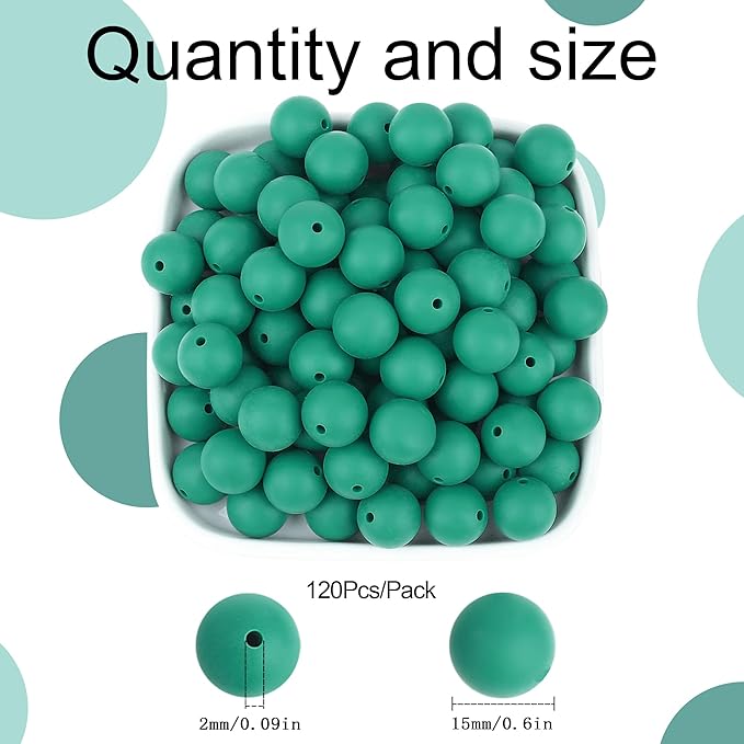 MAIBAOTA 120 Pcs Deep Green Silicone Beads - 15 mm Round Beads for Keychain, Pens, Bracelets, Necklaces - Bulk Pack with Boxed Kits