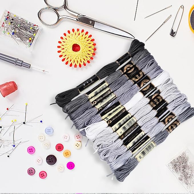 12 Skeins 6 Strands Grey Gradient Friendship Bracelet String Variegated Embroidery Needlepoint Cross Stitch Floss Yarn Thread Bulk for Sewing Bracelets Making Knitting Stitching Crafts DIY