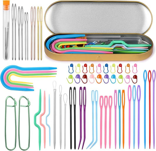 UzecPk 59PCS Yarn Needles Set, Darning Needles Kit, Big Eye Blunt Needles Kit with Bent Tapestry Knitting Needle Plastic Sewing Weaving Needle Threaders Stitch Markers for Crochet Sewing