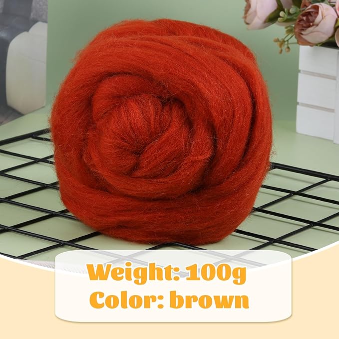 3.53oz Wool Roving, Fiber Roving Wool Top, Pure Wool, Chunky Yarn, Spinning Wool Roving for Needle Felting Wet Felting DIY Hand Spinning (red-Brown)