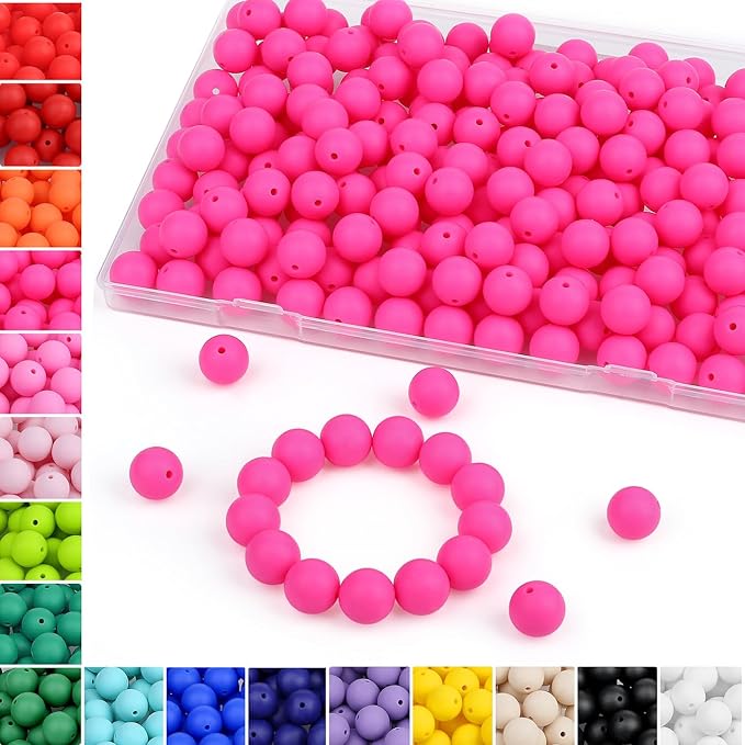 MAIBAOTA 120 Pcs Hot Pink Silicone Beads - 15 mm Round Beads for Keychain, Pens, Bracelet, Necklace Making - Bulk Pack with Boxed Kits