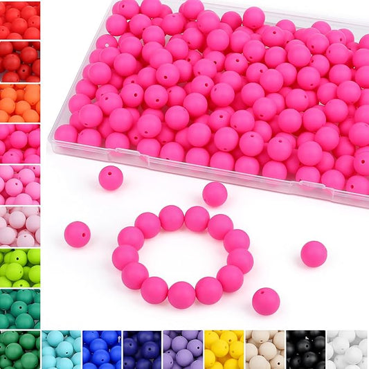 MAIBAOTA 120 Pcs Hot Pink Silicone Beads - 15 mm Round Beads for Keychain, Pens, Bracelet, Necklace Making - Bulk Pack with Boxed Kits
