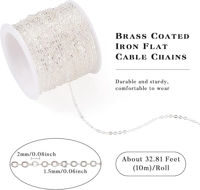 Sparkeads 32.8 Feet 10M Silver Chains Iron Flat Oval Cable Chains Metal Link Chains Soldered with Spool Bulk for Jewelry Craft Necklace Bracelet DIY Women Earring Valentine