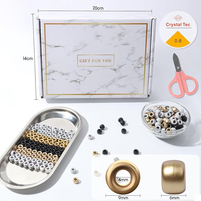 1200Pcs Friendship Bracelet Bead, 6x9mm Pony Beads for Jewelry Making, 5 Style Gold Silver Colors Kandi Bead Bulk, Hair Beads for Braids with Stretch Cord and Scissors
