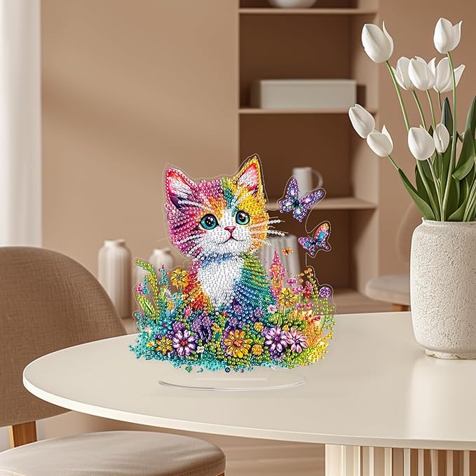 KEYIFA Diamond Painting Desktop Ornament, DIY Colorful Cat Diamond Art for Adults Beginner, Flower Gem Arts Table Decor Special Shaped Rhinestone Crafts Home Desk Decoration Gift, Double Sided