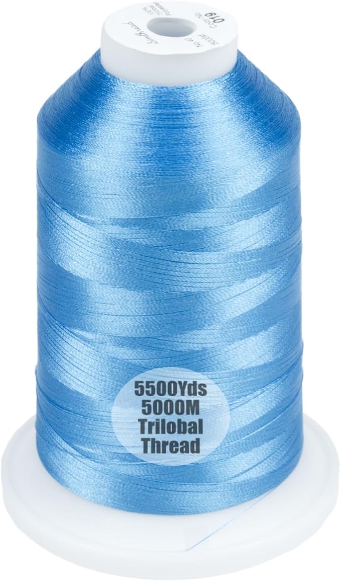 Simthread Trilobal Polyester Thread – 5000M (5500yds) No.40 – Super Sheen, Tangle-Free – Built-in Thread Lock Spool – Compatible with Brother, Singer, Janome & More, Sky Blue-019