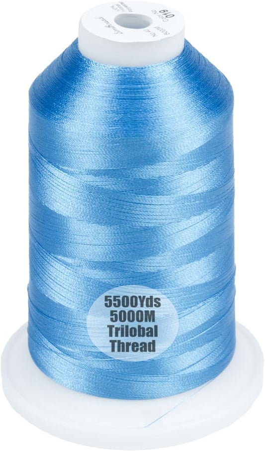 Simthread Trilobal Polyester Thread – 5000M (5500yds) No.40 – Super Sheen, Tangle-Free – Built-in Thread Lock Spool – Compatible with Brother, Singer, Janome & More, Sky Blue-019