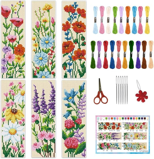 INFUNLY 6PCS DIY Flower Cross Stitch Bookmark Kit for Beginners 8.66"×3.15" Stamped Embroidery Bookmark Kit Hand Plant Bookmark Cross Stitch Kits with Instruction for Book Lovers Reader Writers