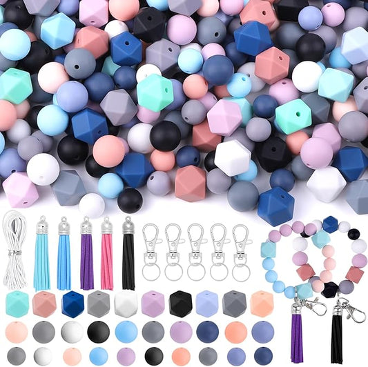 121 PCS Silicone Beads for Keychain Making Kit,12mm 15mm Round 14mm Polygonal Rubber Beads Multicolor Bulk Silicone Loose Beads for DIY Necklace Bracelet Jewelry Making Supplies