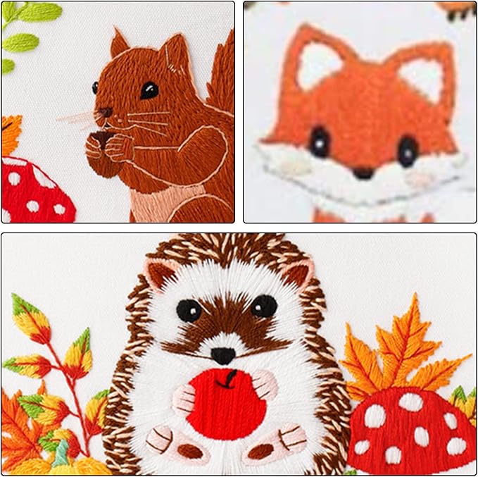 Louise Maelys 3 Set Animal Embroidery Kits for Beginners with Autumn Squirrel Hedgehog Fox Pattern,Adults Starter Cross Stitch Kit DIY Needlepoint