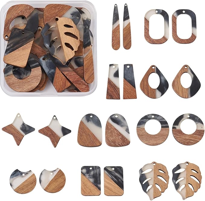 Beadthoven 20pcs/10 Pairs Ink Pattern Resin Wood Charms DIY Bohemian Earrings Black Clear Resin Wood Pendants Natural Wooden Pieces Tag Assorted Pendants for Fashion Jewelry Making Necklace Keychain