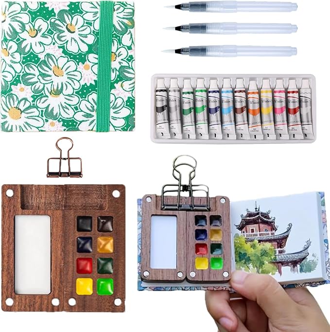 Aimery Mini Watercolor Paint Travel Set, Portable Small Miniature Pocket Water Color Painting Kit with Wooden Palette & Sketchbook(Green Daisy)