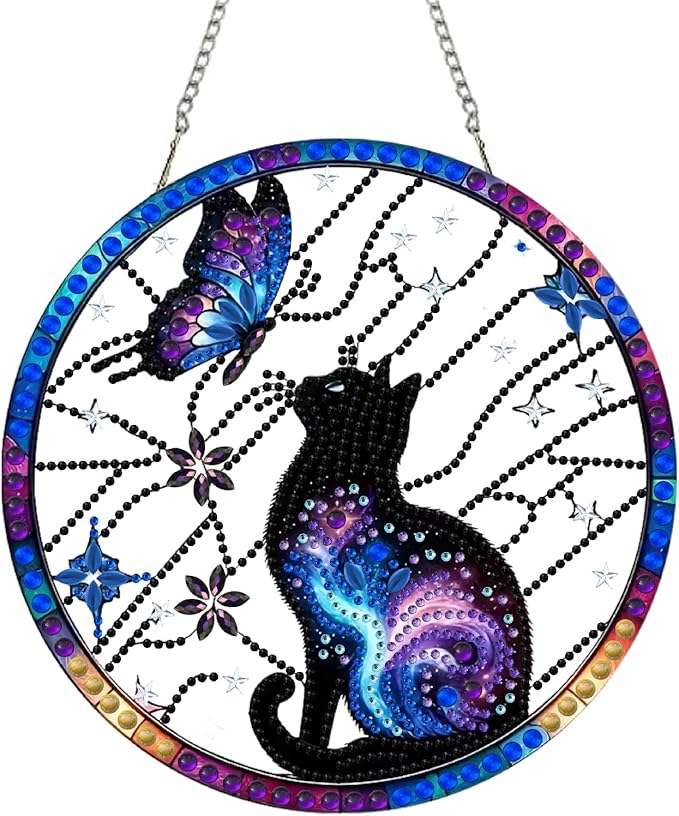 STGLCR DIY Hanging Diamond Art Pendant Painting Kit Cat Wreath, Acrylic Diamond Art Board Butterfly Ornament for Adults Painting Pendant Ornament for Home Wall Decor 7.87inch Aurora