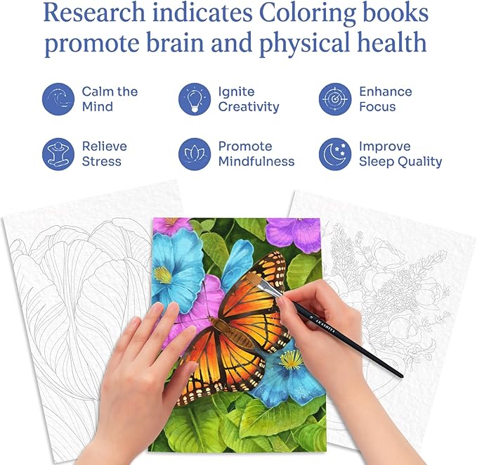 2Pcs Adults Water Coloring Book: 24 Advanced Exquisite Patterns – 100% Cotton 300gsm Paper, A4 Size – for Beginners & Professionals to Enhance & Consolidate Watercolor Techniques (Plant & Butterfly)