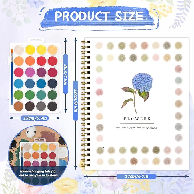 Watercolor Workbooks ，24 Colors Water Books Paint Set，Watercolor Coloring Book for Beginners Art Crafts Painting Kit Nature Scenes Paint Set for Creative Exploration Gift for Adults Teens (Flowers)