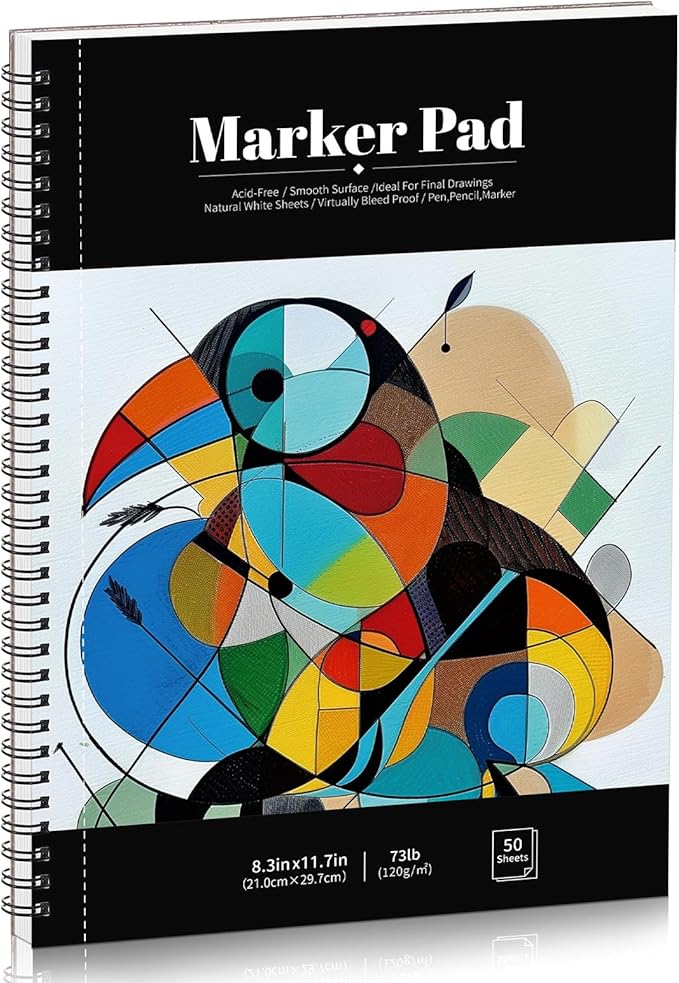 50 Sheets Marker Paper Pad, 8.3×11.7 Inch Bleedproof Art Sketch Pad, 73lb/120gsm Drawing Paper Spiral Sketch Book, Alcohol Marker Paper Painting Coloring Paper for Beginners, Artists, Gift