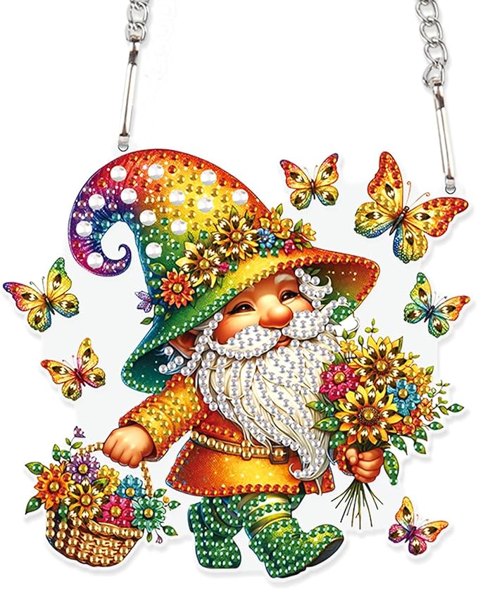 AiYuanzsh Butterfly Gnome Diamond Painting Hanging Kit, DIY 5D Acrylic Rhinestones Diamond Art Pendant, Fantasy Hanging Ornament for Wall, Window, Door or Home Decoration, Handmade Gift for Adults
