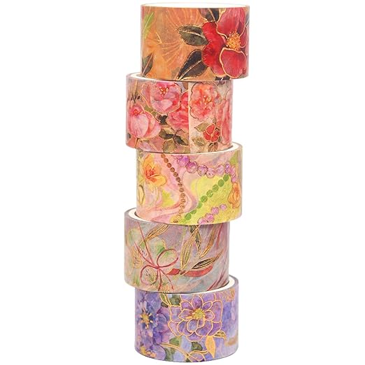 YUBBAEX Blooming Washi Tape Set Gold Foil Masking Tape Peony Wide Decorative for Arts, DIY Crafts, Journal Supplies, Planners, Scrapbook, Card/Gift Wrapping -25mm- (Red Flowers)