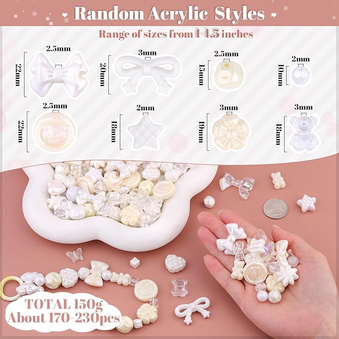 200-260pcs tinkrstuff assorted white acrylic beads for bracelet making, cute beads for jewelry making flower bow butterfly candy gummybear aesthetic bracelet charms,diy necklace keychain phone charm