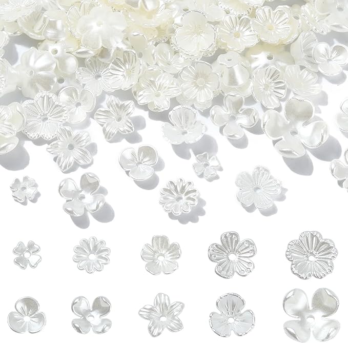 Ipotkitt 200 Pcs 10 Styles White Acrylic Flower Bead Caps ABS Plastic Spring Beads Imitation Pearl Flower Shaped Bead Caps Floral End Caps for DIY Craft Necklaces Bracelets Jewelry Making