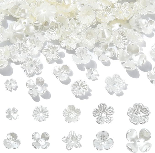 Ipotkitt 200 Pcs 10 Styles White Acrylic Flower Bead Caps ABS Plastic Spring Beads Imitation Pearl Flower Shaped Bead Caps Floral End Caps for DIY Craft Necklaces Bracelets Jewelry Making